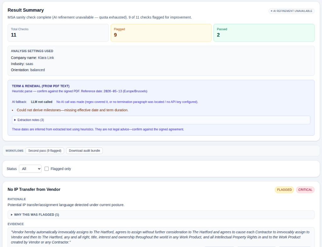 MSA sanity check results with structured risk and gap findings